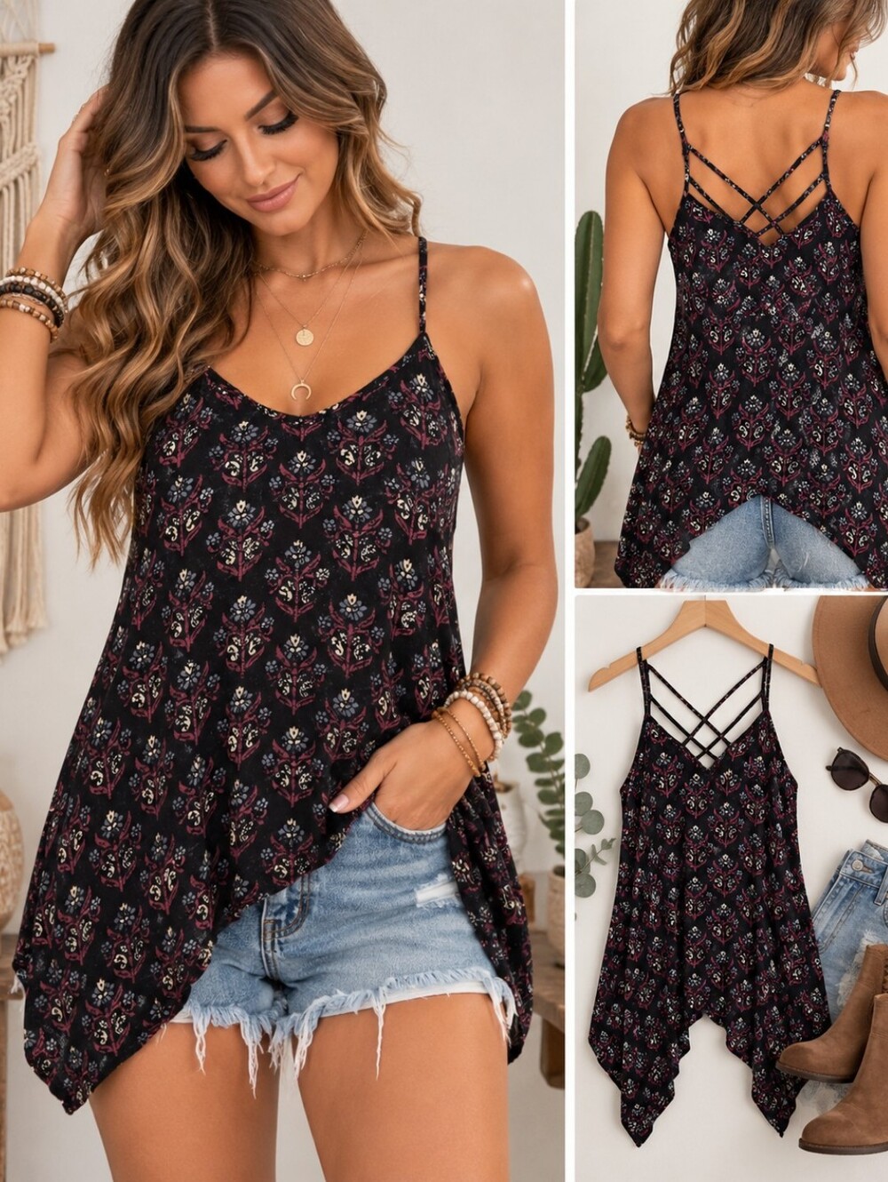 🖤 Mossimo Supply Co. Floral Strappy Handkerchief Hem Tank Top — Medium